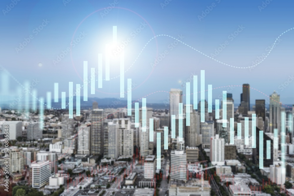 City view, downtown skyscrapers, skyline panorama. Forex graph hologram. The concept of internet trading, brokerage and fundamental analysis