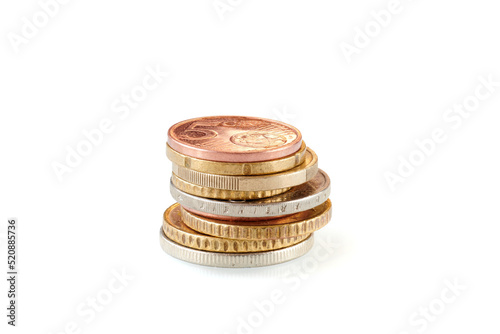 Small EU euro coins stack isolated on white background. Metal coin money. Financial growth. Market crisis and fragile market. Close up view