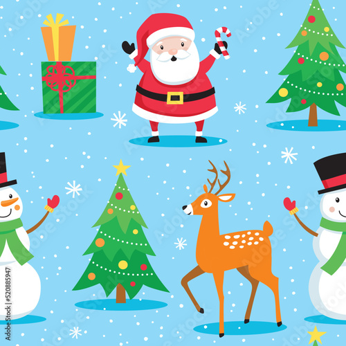 Santa, reindeer, snowman, and Christmas tree arranged to repeat seamlessly. Vector patterns are great for backgrounds and surface designs.