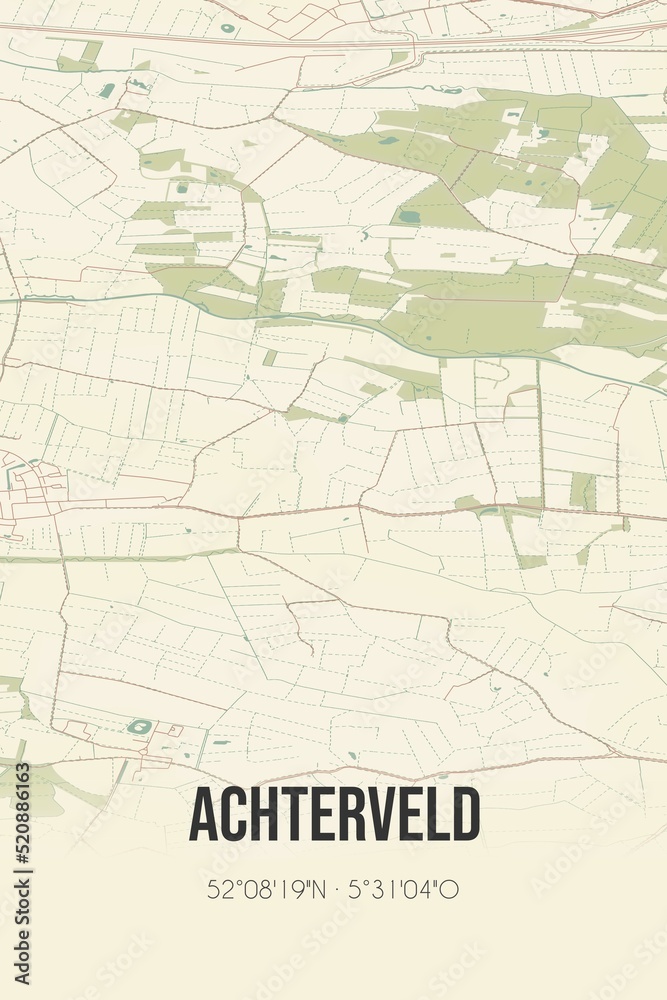 Retro Dutch city map of Achterveld located in Gelderland. Vintage street map.