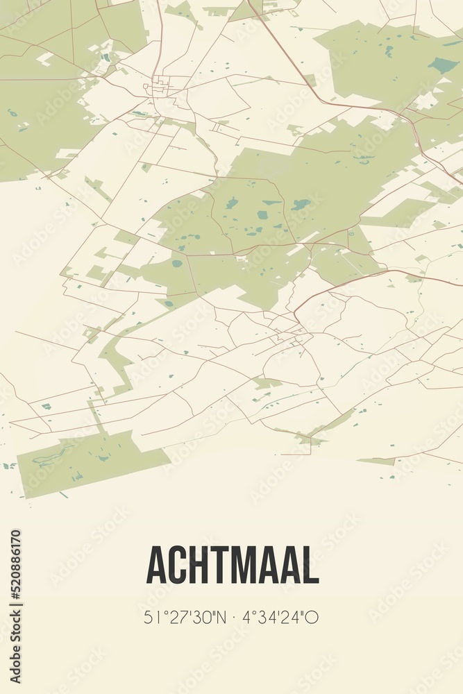 Retro Dutch city map of Achtmaal located in Noord-Brabant. Vintage street map.