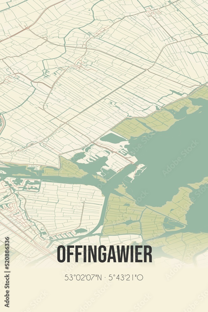 Retro Dutch city map of Offingawier located in Fryslan. Vintage street map.