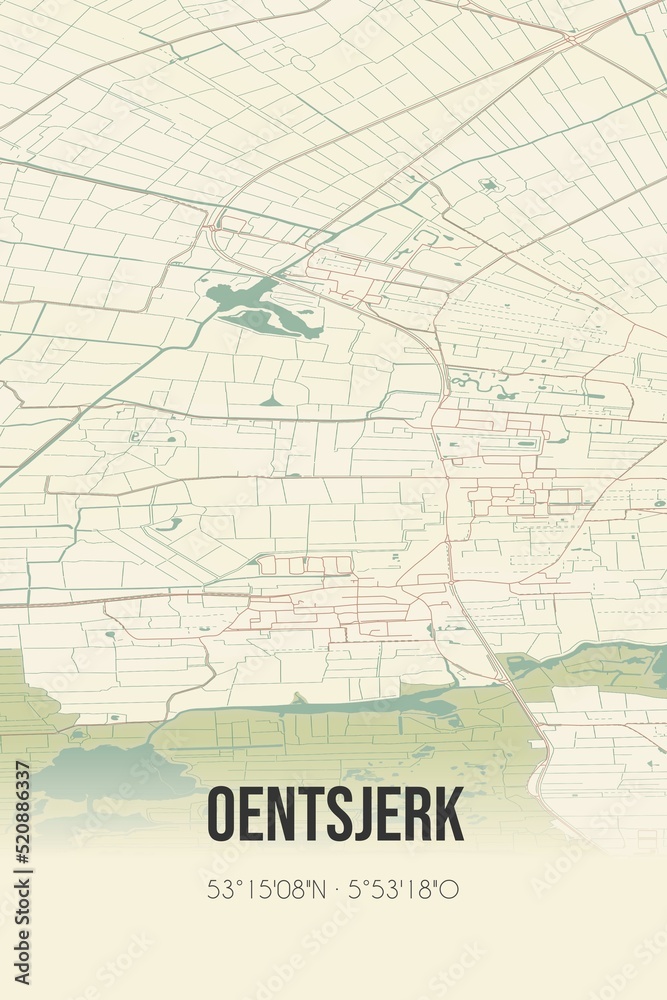 Retro Dutch city map of Oentsjerk located in Fryslan. Vintage street map. Retro Dutch city map of Oentsjerk located in Fryslan. Vintage street map.