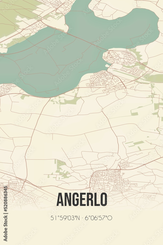Retro Dutch city map of Angerlo located in Gelderland. Vintage street map.