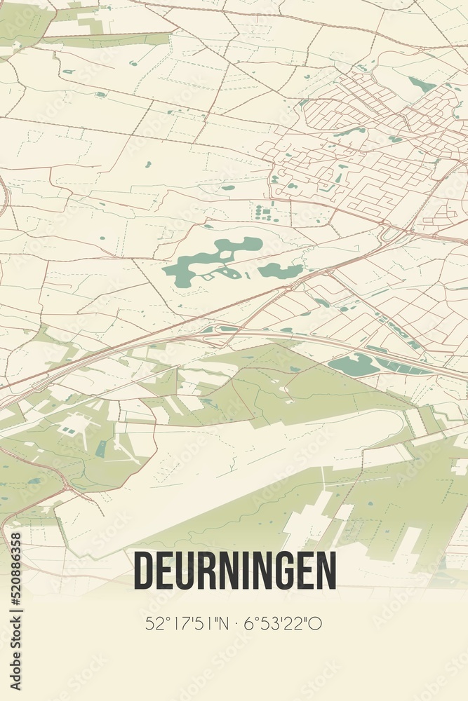 Retro Dutch city map of Deurningen located in Overijssel. Vintage street map.