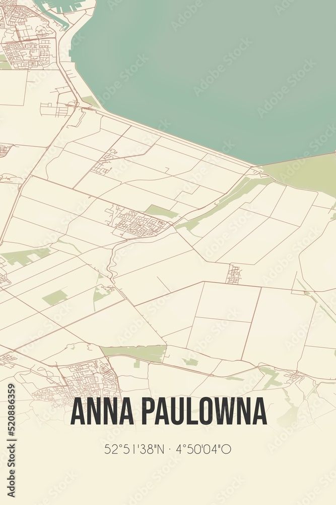 Fototapeta premium Retro Dutch city map of Anna Paulowna located in Noord-Holland. Vintage street map.