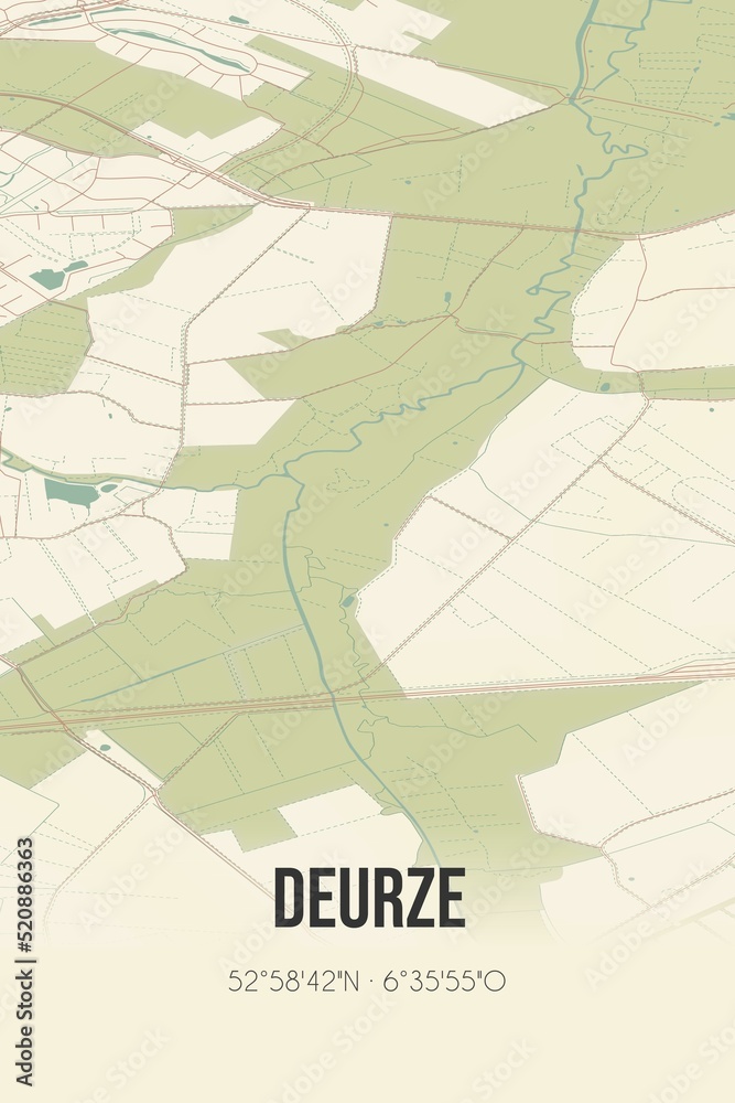 Obraz premium Retro Dutch city map of Deurze located in Drenthe. Vintage street map.