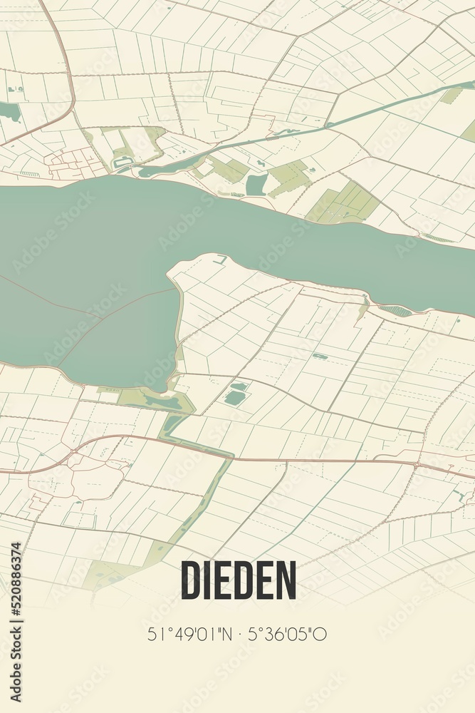 Obraz premium Retro Dutch city map of Dieden located in Noord-Brabant. Vintage street map.