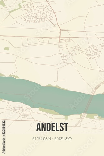 Retro Dutch city map of Andelst located in Gelderland. Vintage street map.