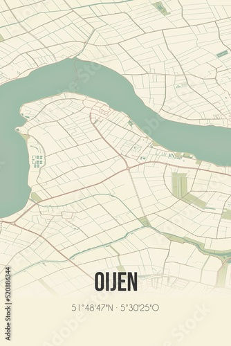 Retro Dutch city map of Oijen located in Noord-Brabant. Vintage street map.