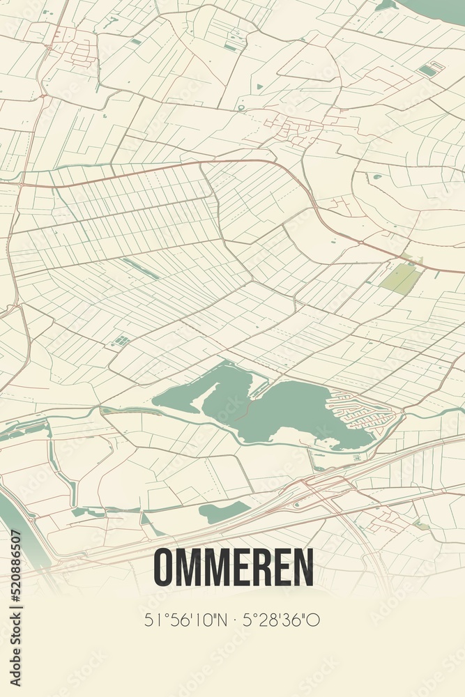 Retro Dutch city map of Ommeren located in Gelderland. Vintage street map.