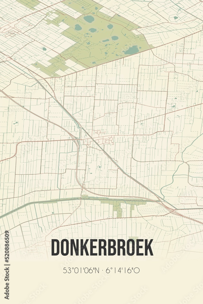 Retro Dutch city map of Donkerbroek located in Fryslan. Vintage street map.
