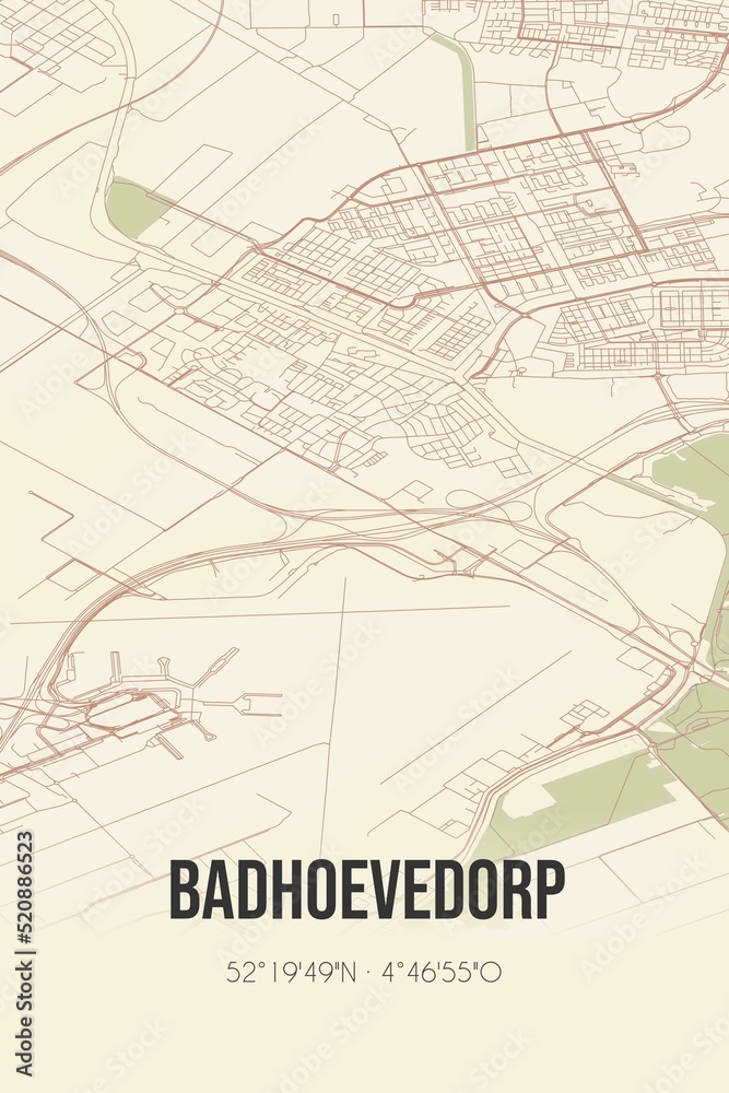 Retro Dutch city map of Badhoevedorp located in Noord-Holland. Vintage street map.