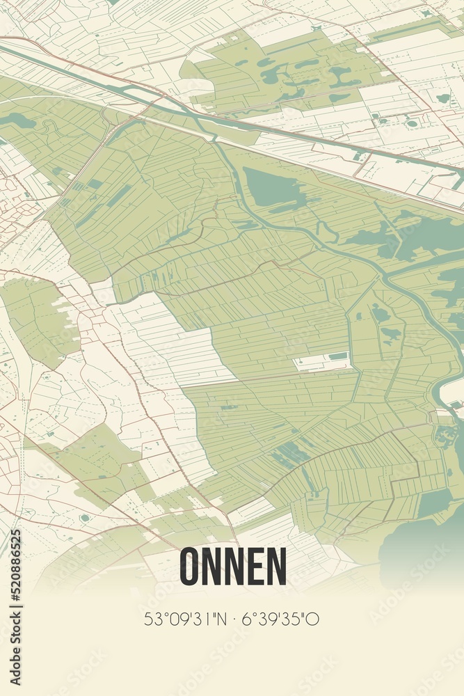 Retro Dutch city map of Onnen located in Groningen. Vintage street map.