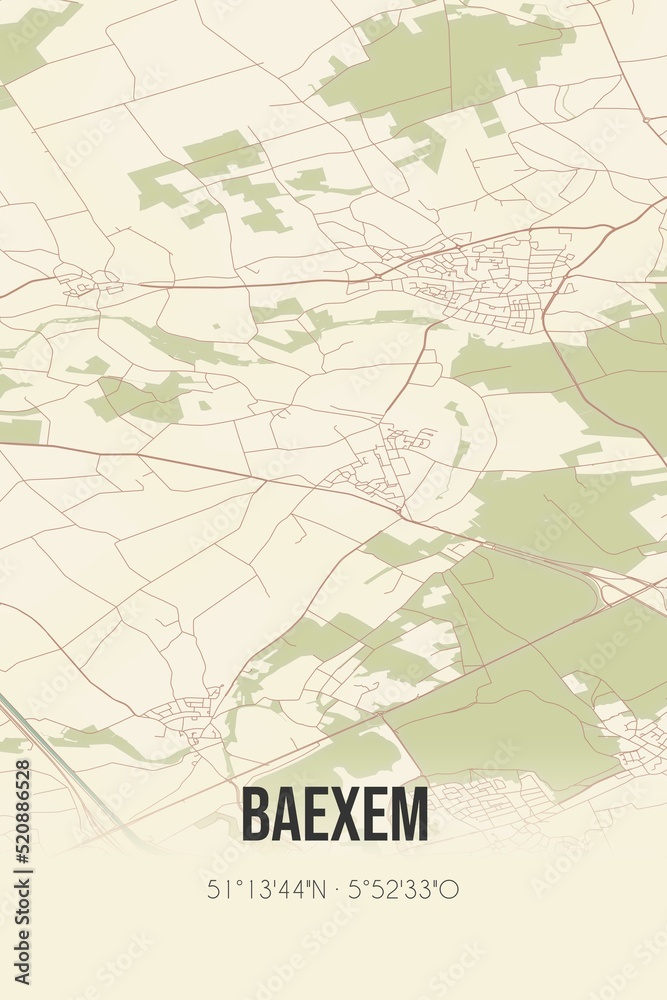 Retro Dutch city map of Baexem located in Limburg. Vintage street map.