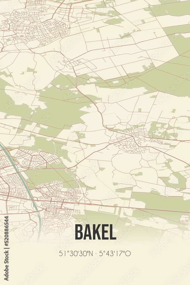 Retro Dutch city map of Bakel located in Noord-Brabant. Vintage street map.