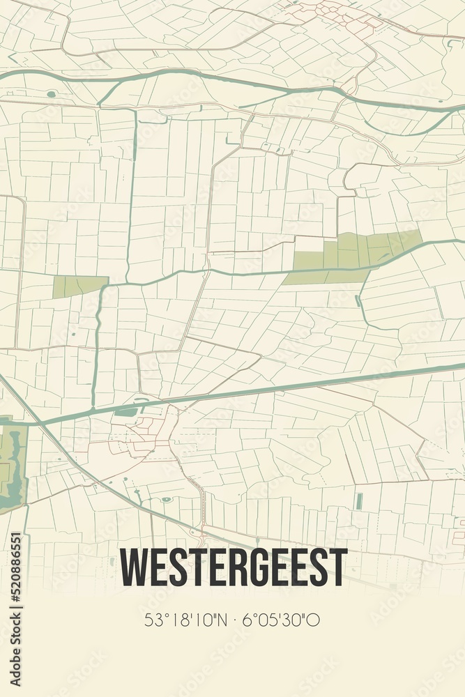 Retro Dutch city map of Westergeest located in Fryslan. Vintage street map.