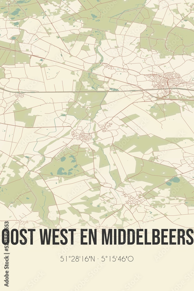 Obraz premium Retro Dutch city map of Oost West en Middelbeers located in Noord-Brabant. Vintage street map.