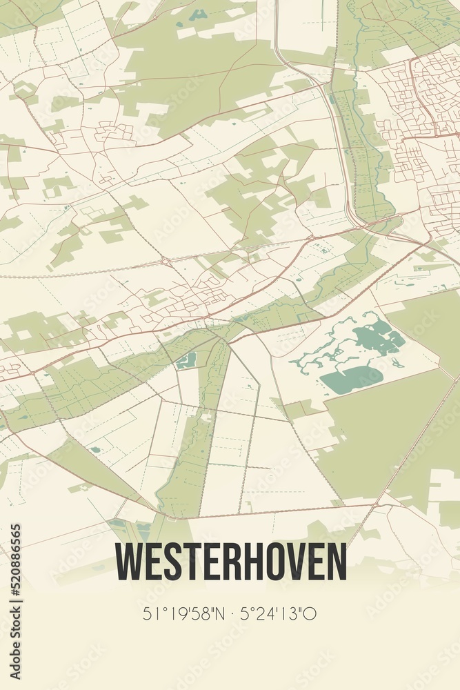 Retro Dutch city map of Westerhoven located in Noord-Brabant. Vintage street map.