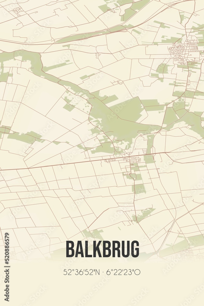 Retro Dutch city map of Balkbrug located in Overijssel. Vintage street map.