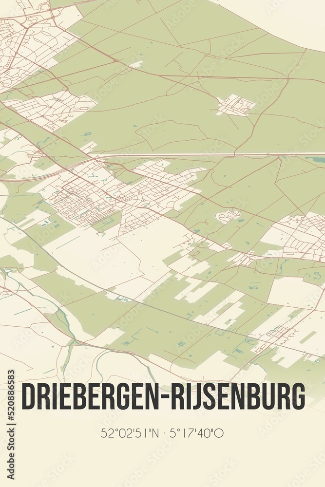 Retro Dutch city map of Driebergen-Rijsenburg located in Utrecht. Vintage street map.