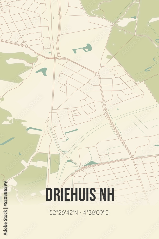 Retro Dutch city map of Driehuis NH located in Noord-Holland. Vintage street map.