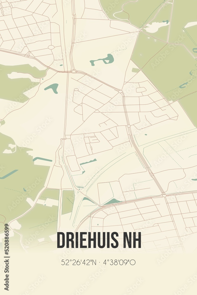 Retro Dutch city map of Driehuis NH located in Noord-Holland. Vintage street map. Retro Dutch city map of Driehuis NH located in Noord-Holland. Vintage street map.