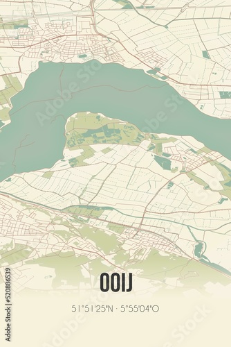 Retro Dutch city map of Ooij located in Gelderland. Vintage street map.