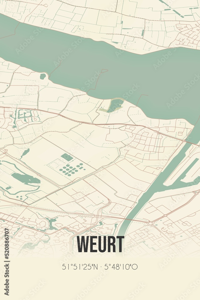 Retro Dutch city map of Weurt located in Gelderland. Vintage street map.