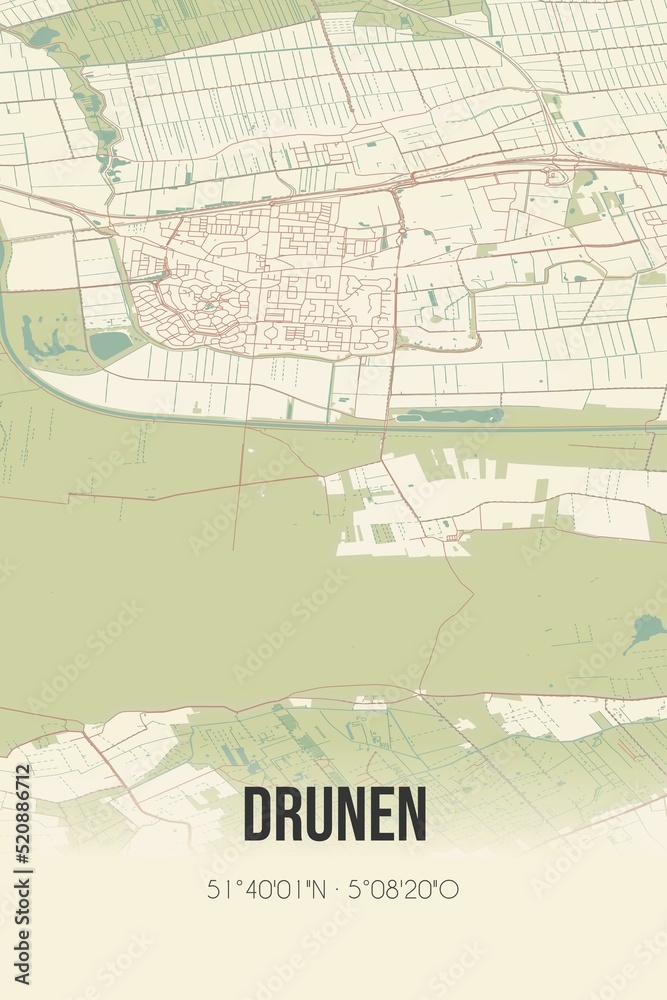 Obraz premium Retro Dutch city map of Drunen located in Noord-Brabant. Vintage street map.