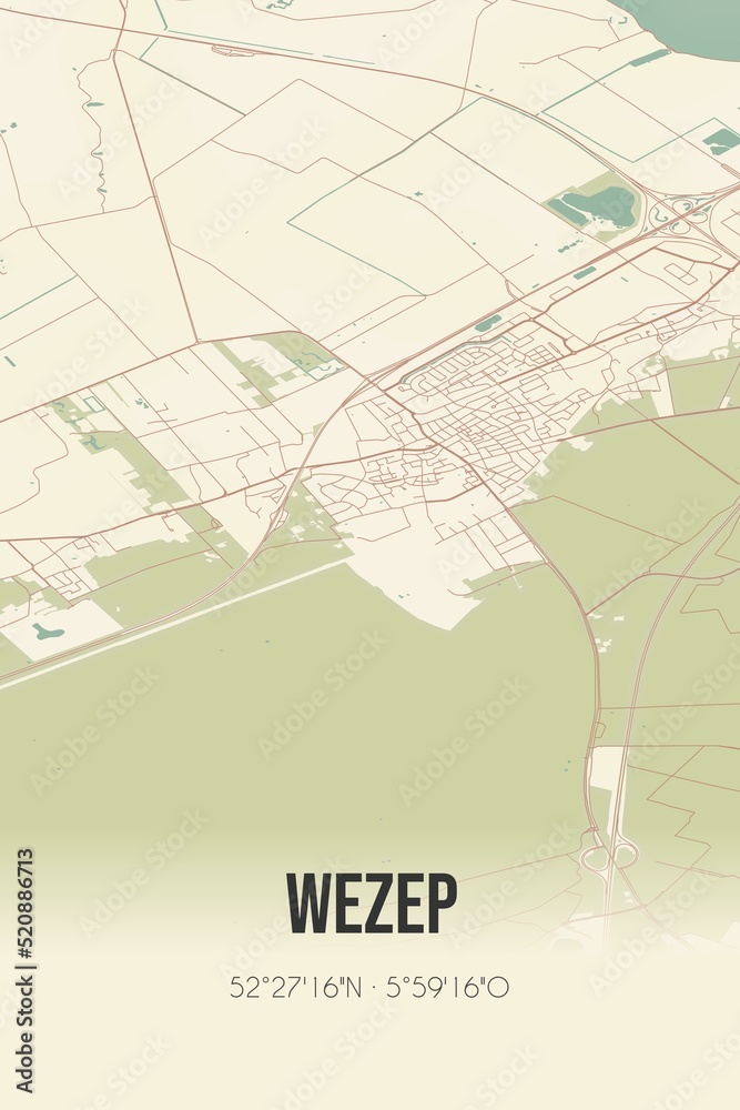 Obraz premium Retro Dutch city map of Wezep located in Gelderland. Vintage street map.