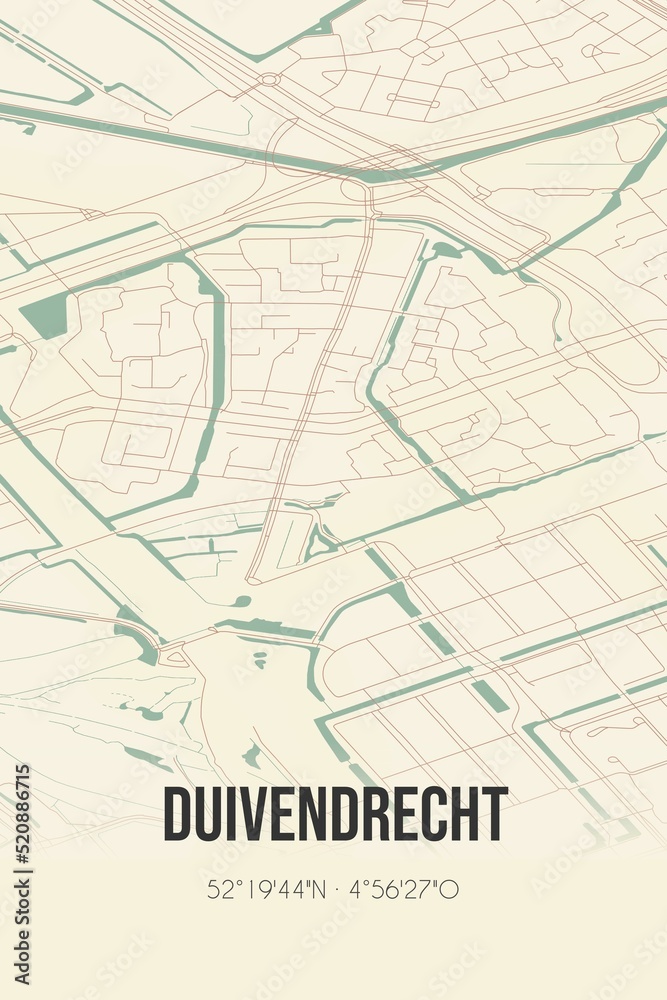 Retro Dutch city map of Duivendrecht located in Noord-Holland. Vintage street map.