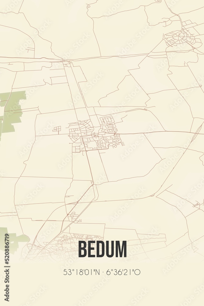Retro Dutch city map of Bedum located in Groningen. Vintage street map.