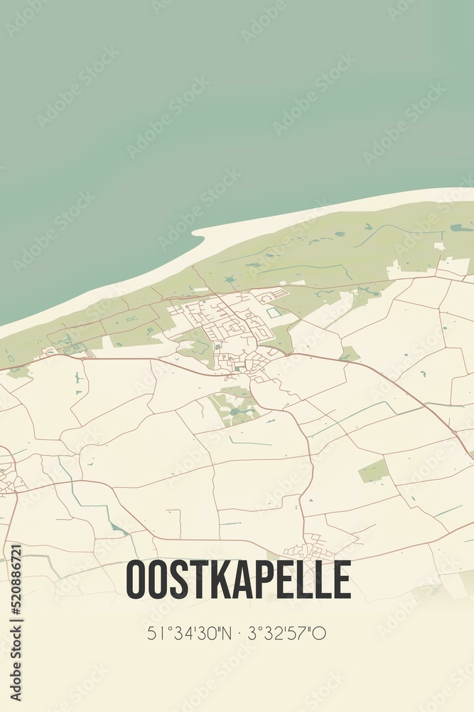 Retro Dutch city map of Oostkapelle located in Zeeland. Vintage street map. Retro Dutch city map of Oostkapelle located in Zeeland. Vintage street map.