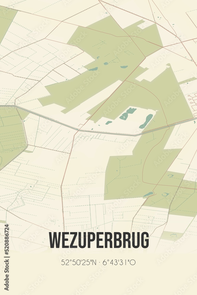 Obraz premium Retro Dutch city map of Wezuperbrug located in Drenthe. Vintage street map.