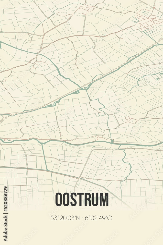 Retro Dutch city map of Oostrum located in Fryslan. Vintage street map.