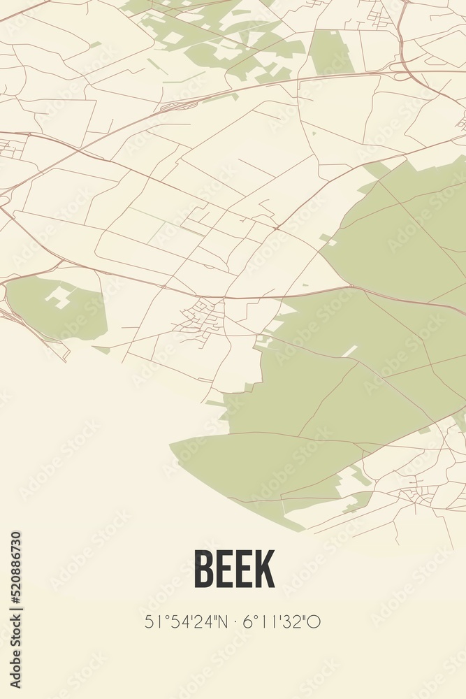 Retro Dutch city map of Beek located in Gelderland. Vintage street map.