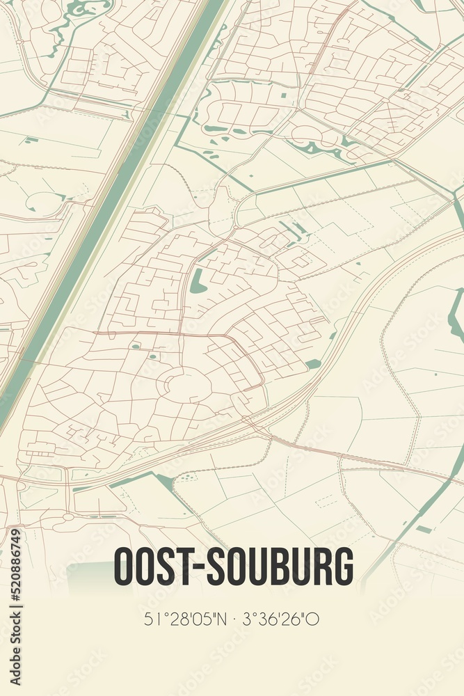 Retro Dutch city map of Oost-Souburg located in Zeeland. Vintage street map. Retro Dutch city map of Oost-Souburg located in Zeeland. Vintage street map.