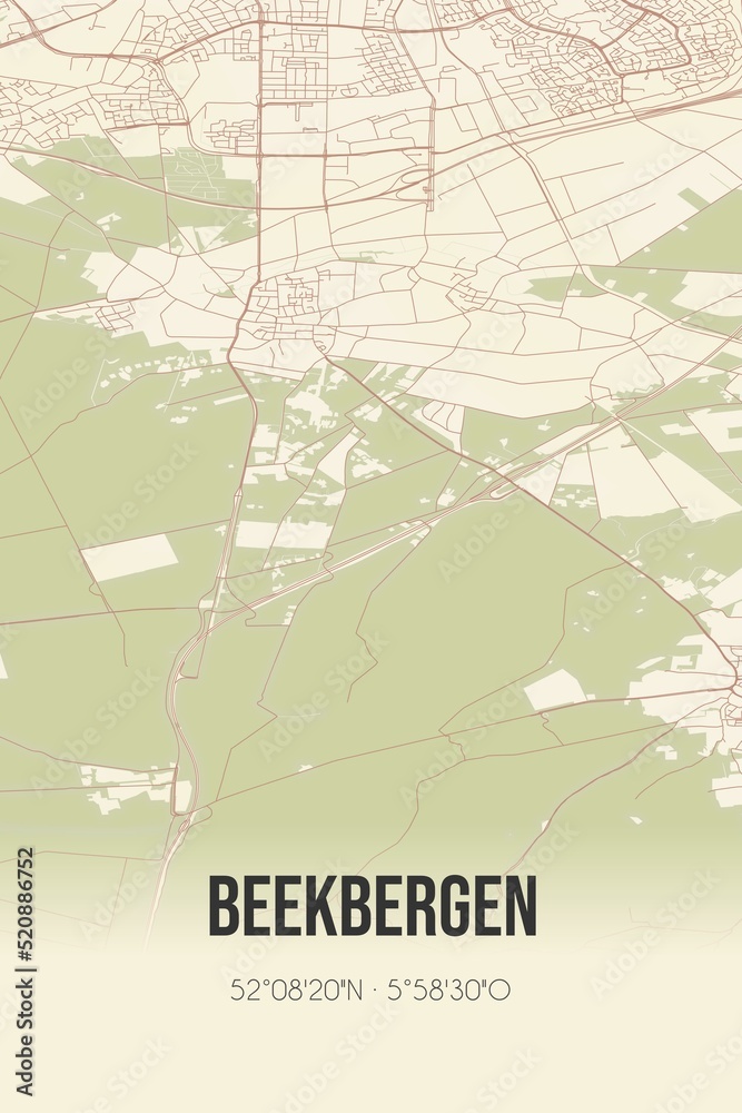 Retro Dutch city map of Beekbergen located in Gelderland. Vintage street map.