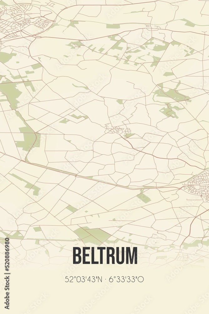 Retro Dutch city map of Beltrum located in Gelderland. Vintage street map.