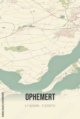 Retro Dutch city map of Ophemert located in Gelderland. Vintage street map.