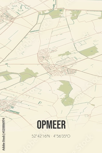 Retro Dutch city map of Opmeer located in Noord-Holland. Vintage street map.