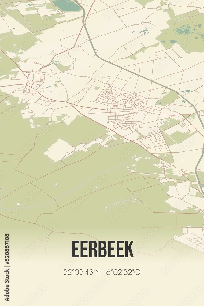 Retro Dutch city map of Eerbeek located in Gelderland. Vintage street map.