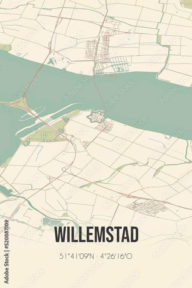 Obraz premium Retro Dutch city map of Willemstad located in Noord-Brabant. Vintage street map.