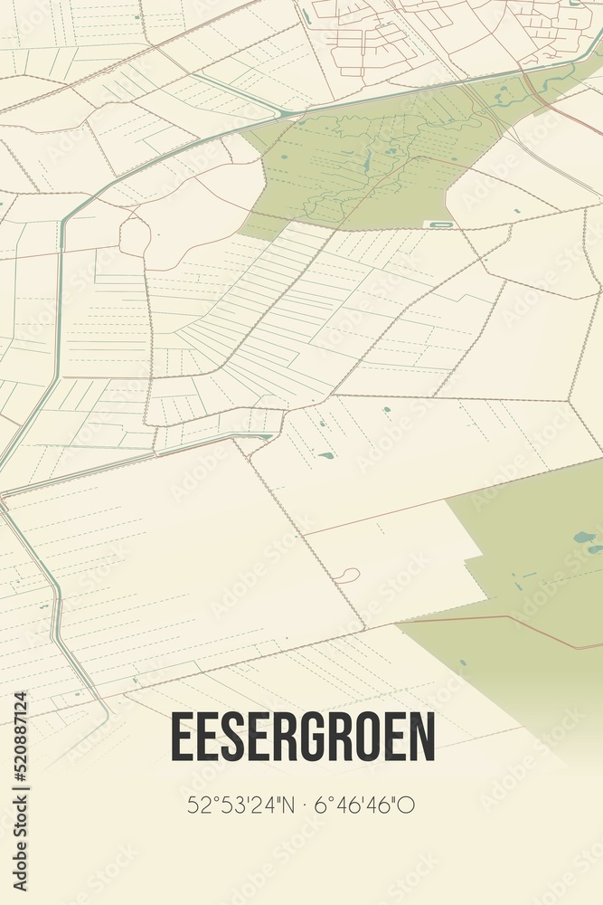 Retro Dutch city map of Eesergroen located in Drenthe. Vintage street map. Retro Dutch city map of Eesergroen located in Drenthe. Vintage street map.