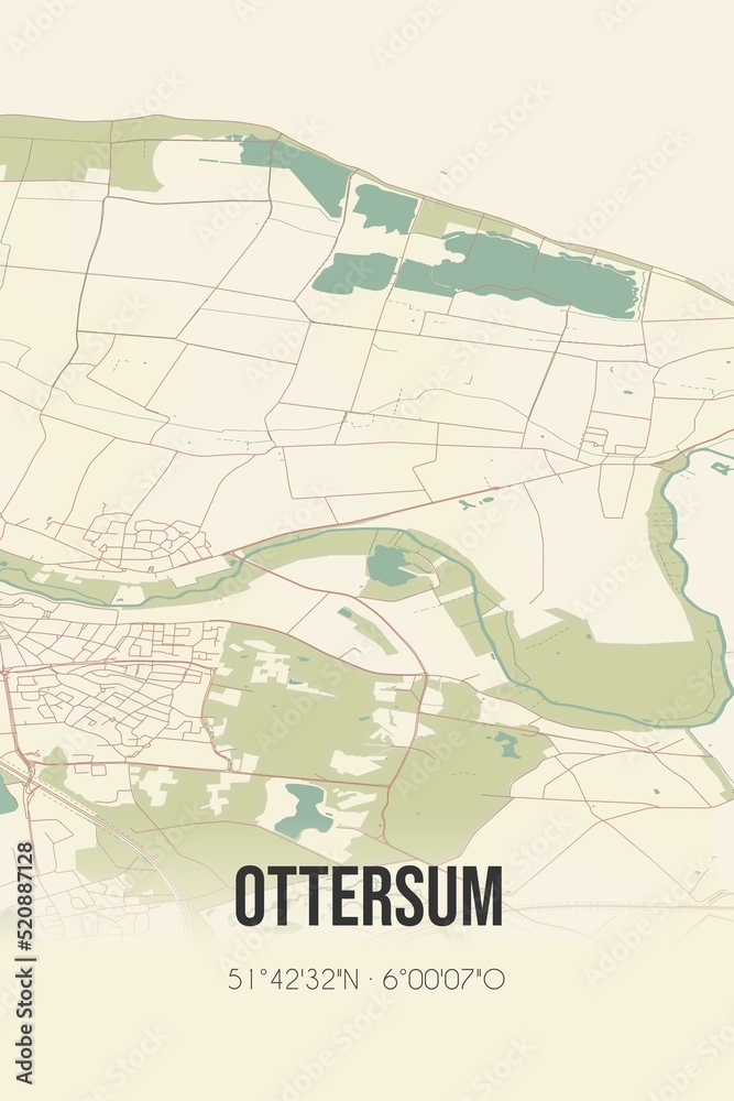 Retro Dutch city map of Ottersum located in Limburg. Vintage street map.