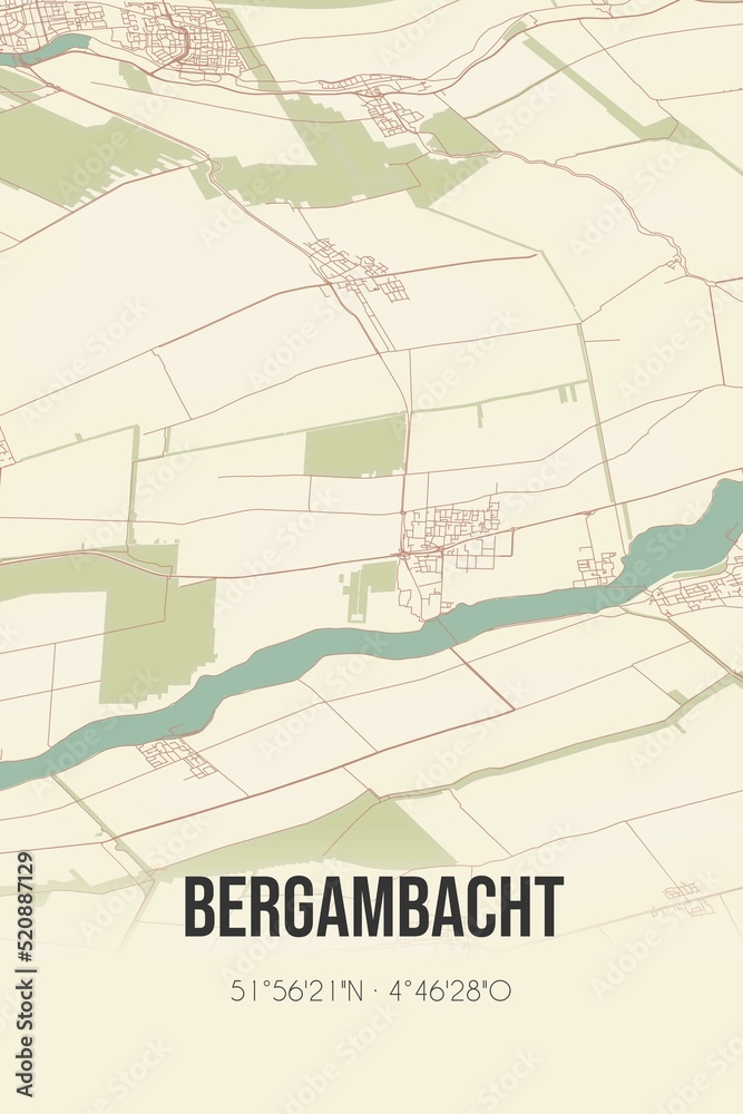 Naklejka premium Retro Dutch city map of Bergambacht located in Zuid-Holland. Vintage street map.