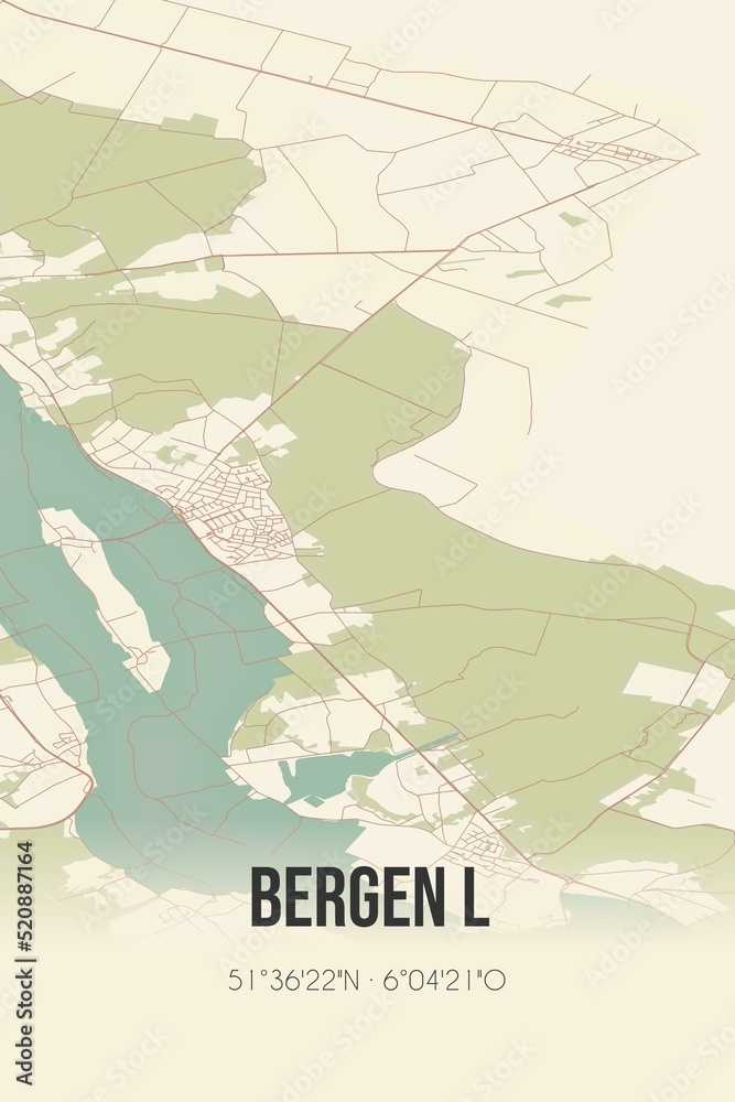 Retro Dutch city map of Bergen L located in Limburg. Vintage street map.