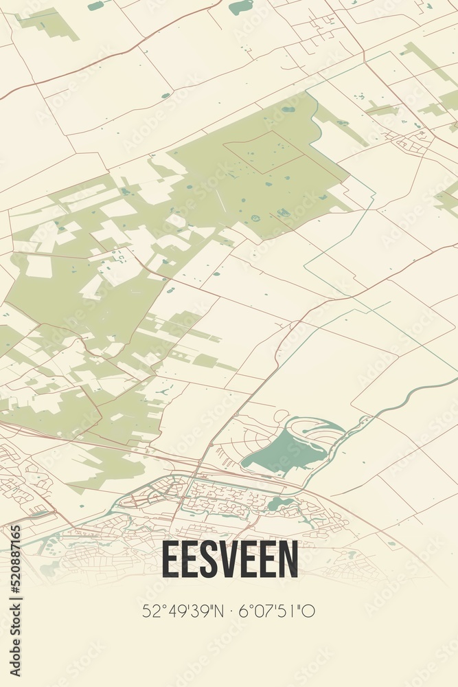 Retro Dutch city map of Eesveen located in Overijssel. Vintage street map.