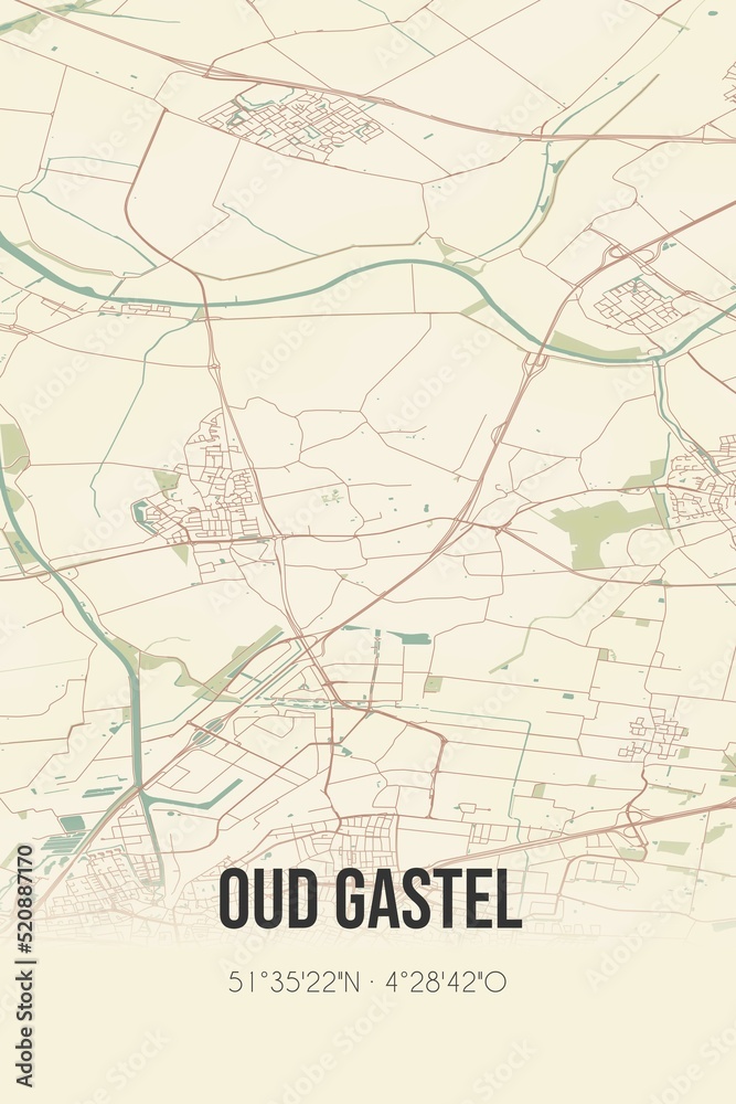 Retro Dutch city map of Oud Gastel located in Noord-Brabant. Vintage street map.